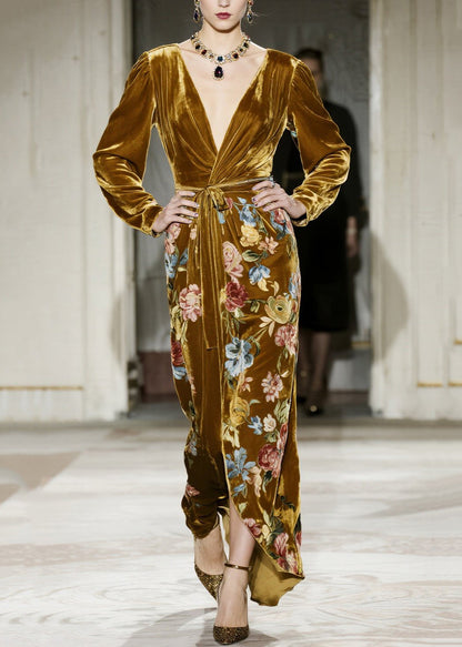 Yellow V Neck Print Velvet Maxi Dresses Fall