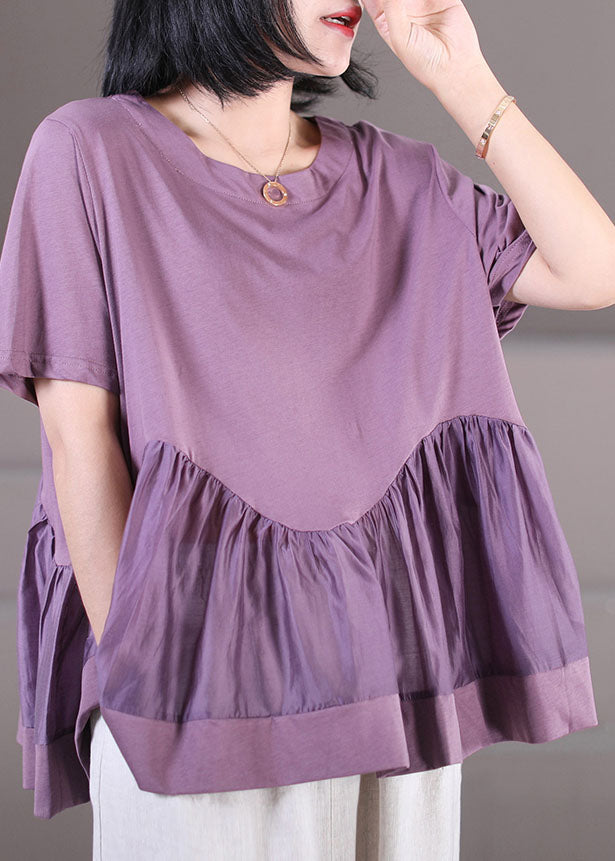 Purple Wrinkled Patchwork Cotton Loose Tank Tops Short Sleeve
