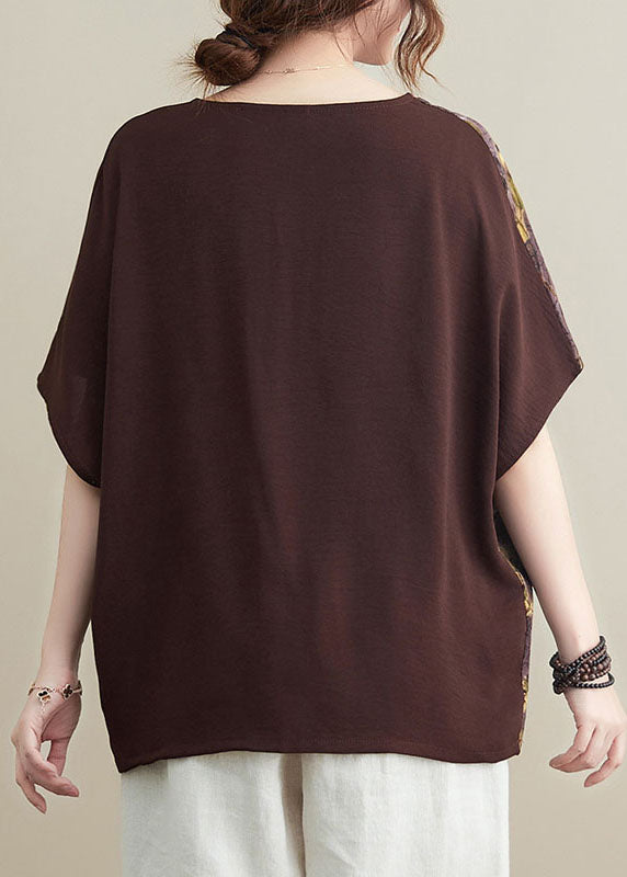 Chocolate V Neck Patchwork Print Oriental Button Cotton Tops Short Sleeve