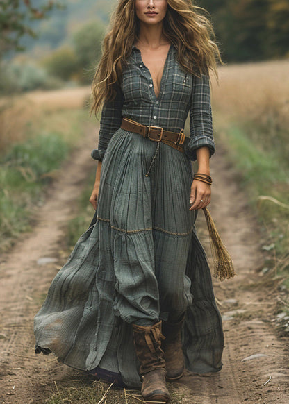 Green Plaid Patchwork Cotton Long Dress Spring