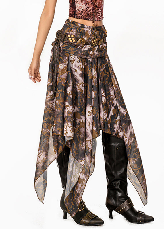 Coffee Asymmetrical Print a Line Skirt