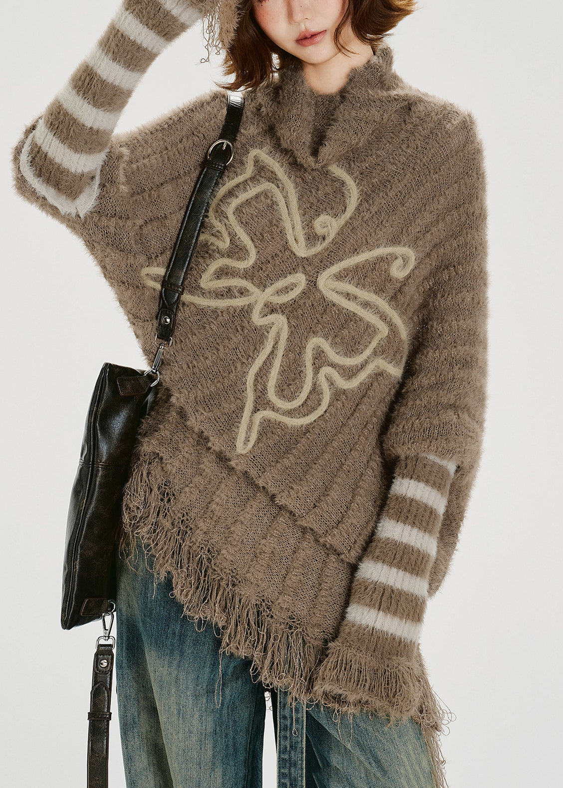 Unique Khaki Turtle Neck Tasseled Knitted Tops Batwing Sleeve Winter