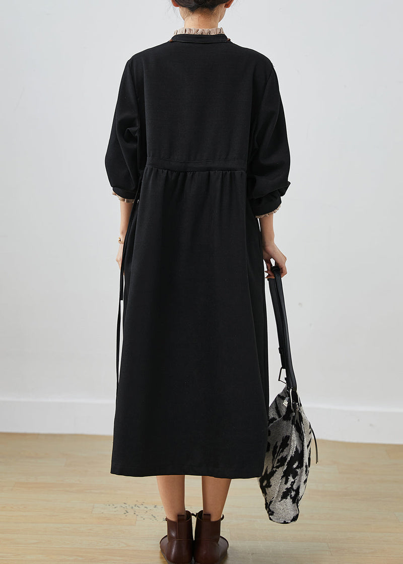 Black Drawstring Cotton Fake Two Piece Dresses Spring