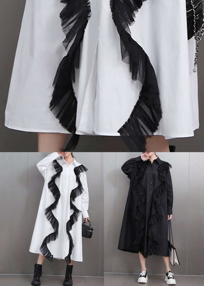 Black Button Tulle Patchwork Fall Shirt Dress Peter Pan Collar