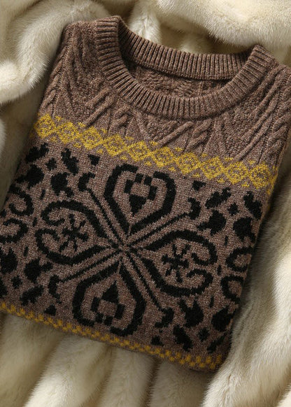 Camel O-neck Thick Print Knit Sweaters Long Sleeve