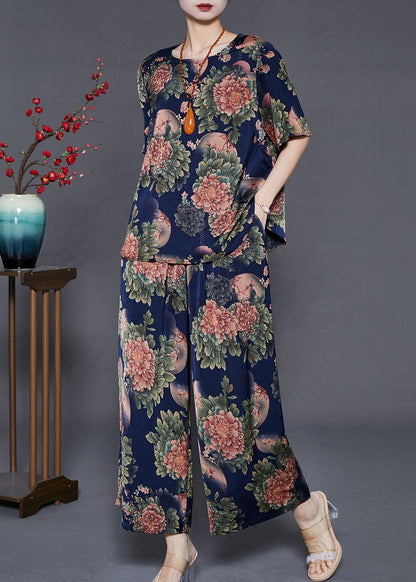Navy Oversized Print Silk Two Pieces Set Summer