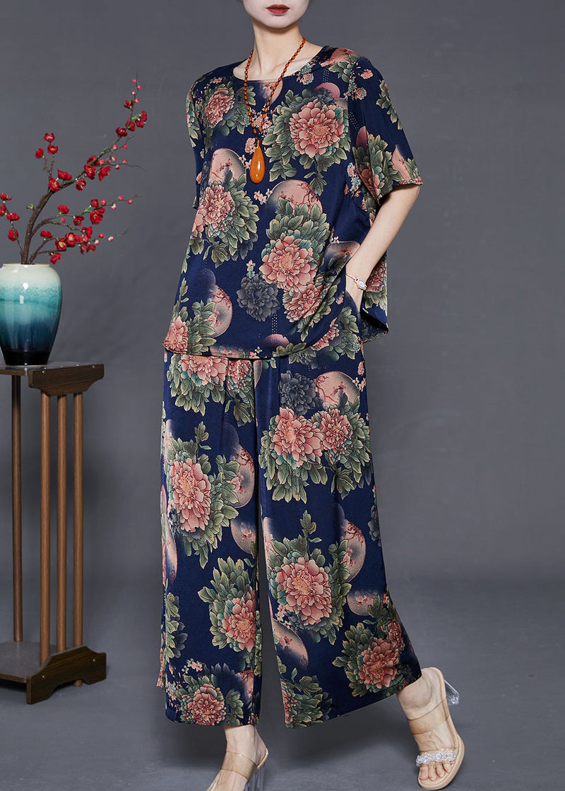 Navy Oversized Print Silk Two Pieces Set Summer