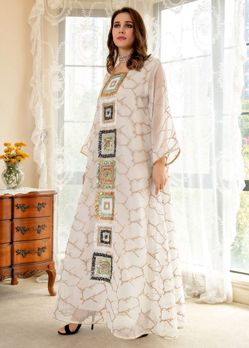 Brief White O-neck Embroideried Tulle Maxi Dress Long Sleeve