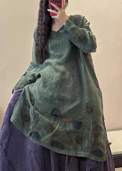 Mulberry V Neck Embroideried Patchwork Linen Mid Dresses Fall