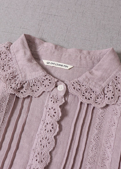 Handmade Purple Peter Pan Collar Wrinkled Linen Maxi Dresses Spring