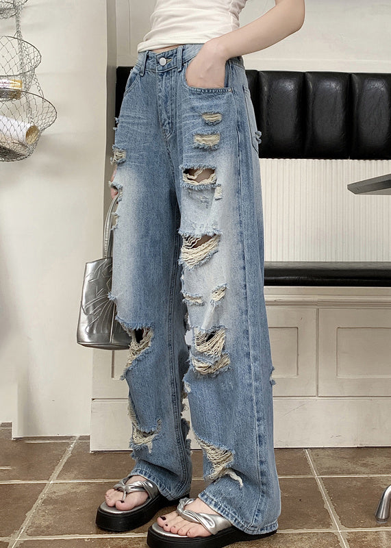 Blue Pockets Patchwork Hole Denim Pants Spring