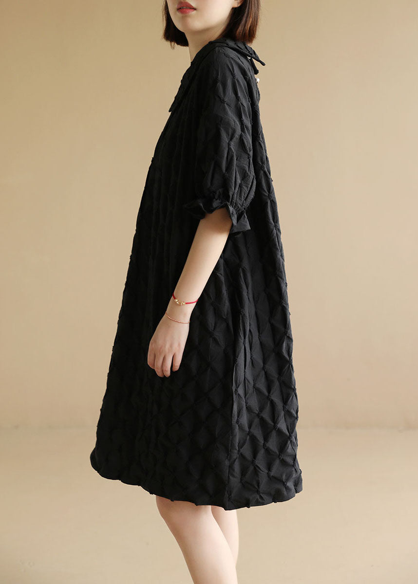 Black Peter Pan Collar Original Design Plaid Holiday Dress Short Sleeve