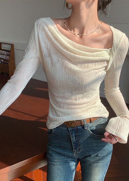 Modern White Turtle Neck Silm Fit Cotton Blouses Spring