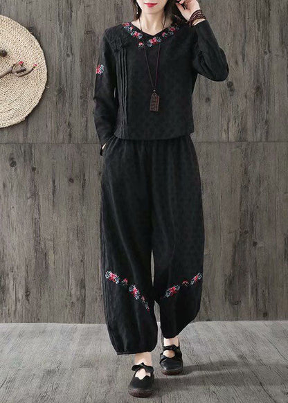 Black Jacquard Cotton Two Piece Set Clothing Embroideried Oriental Button Spring
