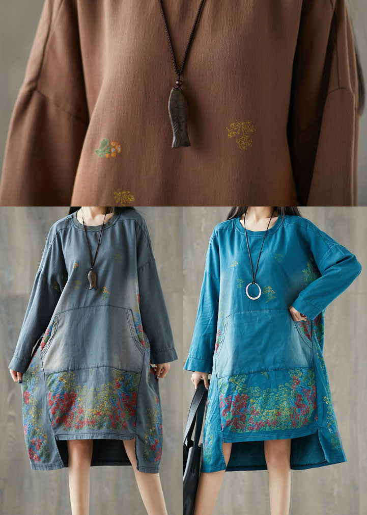 Art Grey O-neck Asymmetrical Pullover Dresses Spring