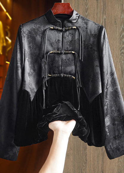 Black Tasseled Jacquard Patchwork Silk Velour Coat Fall
