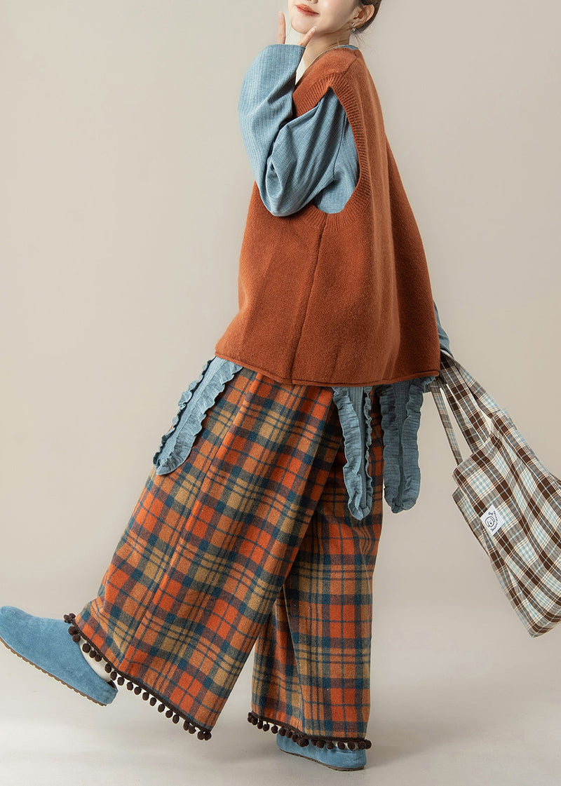 Japanese Style Orange O-neck Cartoon Knitted Vest and T Shirt Pants Set Spring