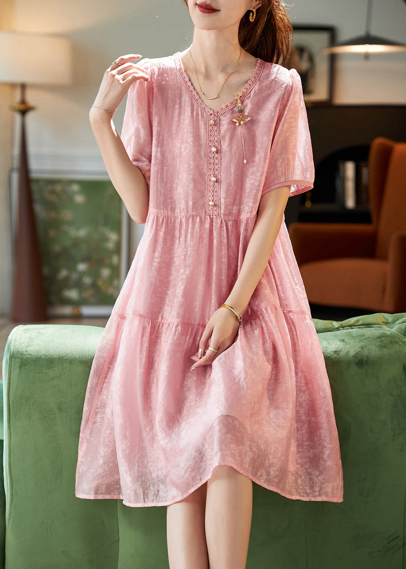 Pink V Neck Lace Patchwork Chiffon Long Dresses Short Sleeve Summer
