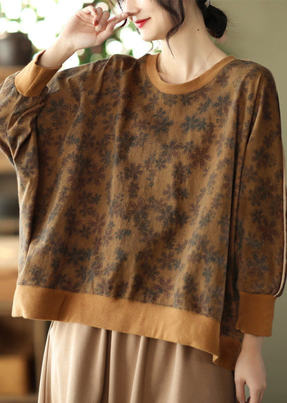 Chocolate Patchwork Cotton Sweatshirt Top Batwing Sleeve