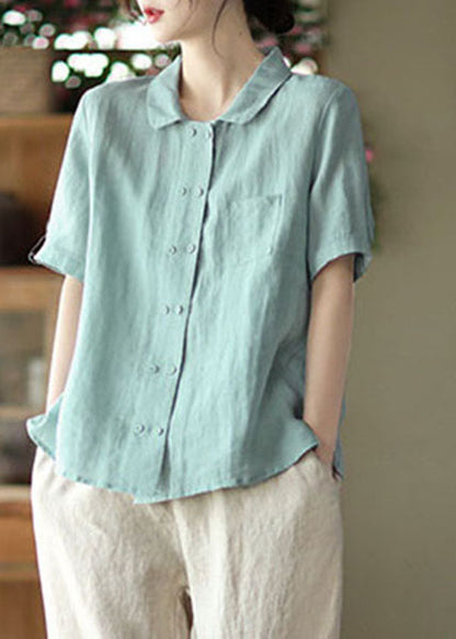 Light Blue Double Breast Linen Shirt Tops Short Sleeve