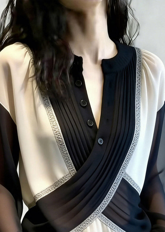 French Black O-neck Tulle Patchwork Shirt Lantern Sleeve