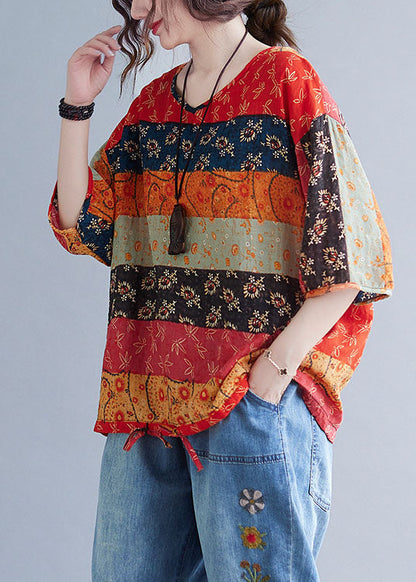 Print V Neck Patchwork Loose Drawstring Fall Blouses Half Sleeve