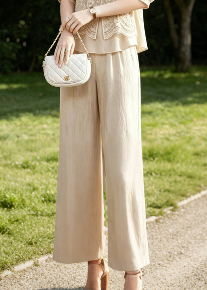 Beige Mandarin Collar Patchwork Lace Two Piece Suit Set Summer