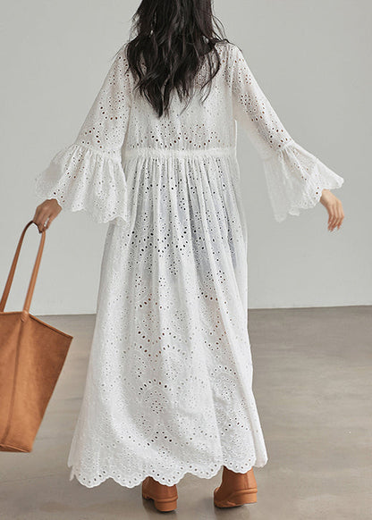 White Lace Up Hollow Out Cotton Dresses Flare Sleeve