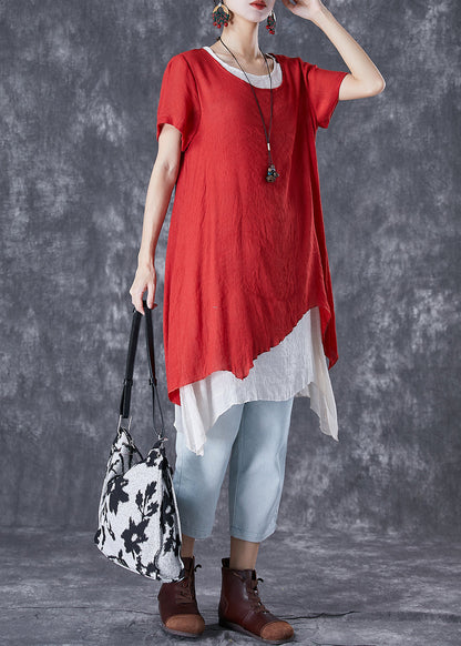 Red O-neck Asymmetrical Linen Two Pieces Set Summer