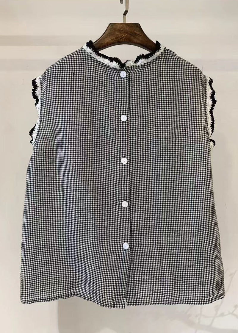 Back Button Down Patchwork Lace Linen Tops Sleeveless