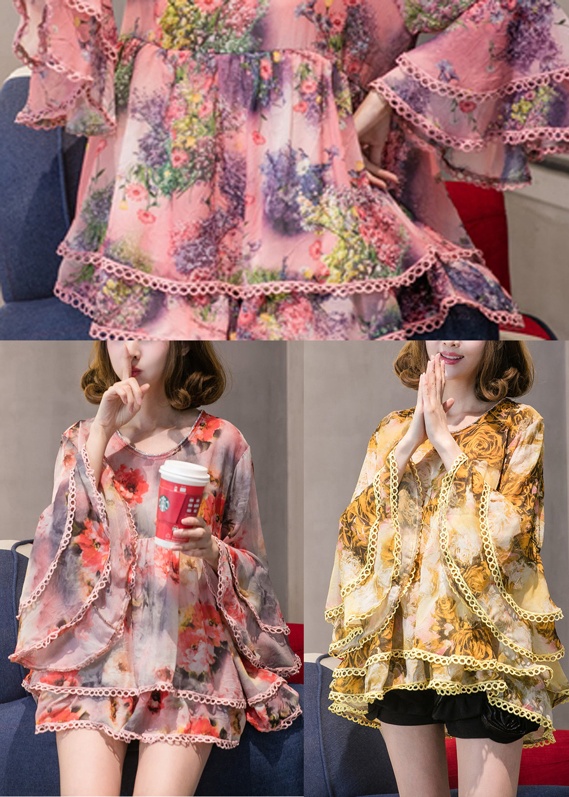 Classy Yellow Print Chiffon Tops Flare Sleeve