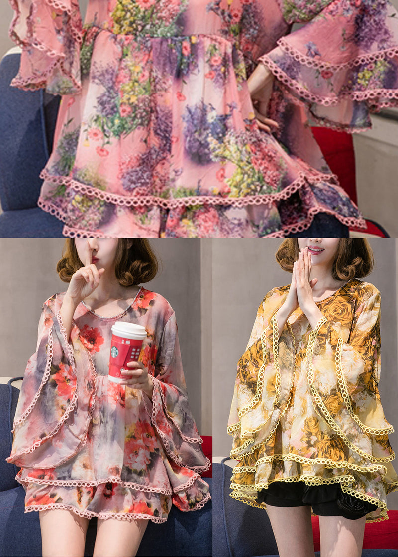 Orange Print Patchwork Chiffon Shirt Long Sleeve