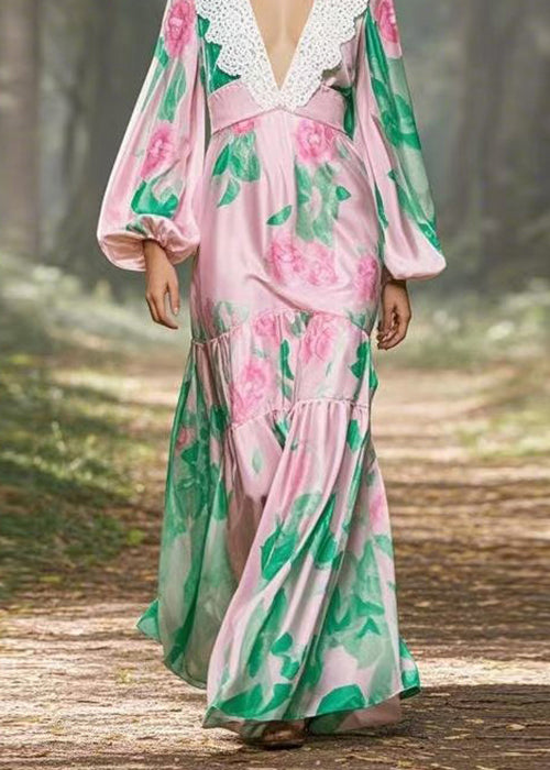 Pink V Neck Print Patchwork Silk Long Dress Lantern Sleeve