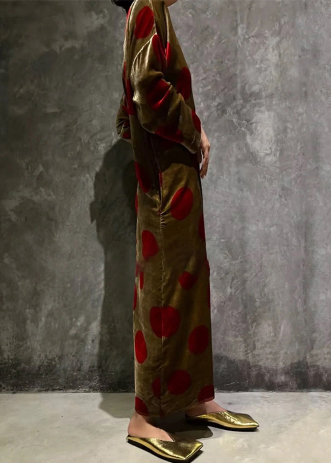 Brown O Neck Print Pockets Silk Velour Dress Long Sleeve