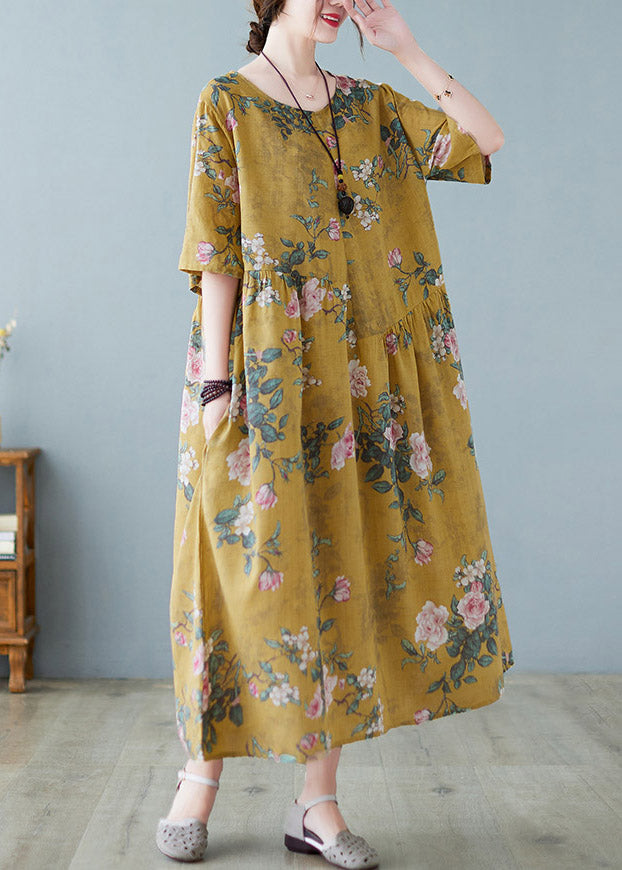 Yellow O-neck Print Maxi Dress Summer