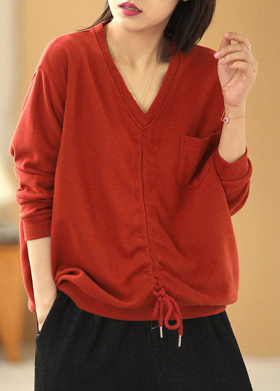 Red V Neck Pockets Drawstring Fall Loose Sweatshirts Top