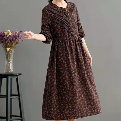 Blue Pockets Print Loose Fall Maxi Dress Long Sleeve