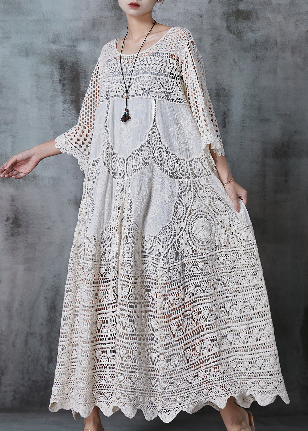 White Oversized Hollow Out Lace Long Dress Summer