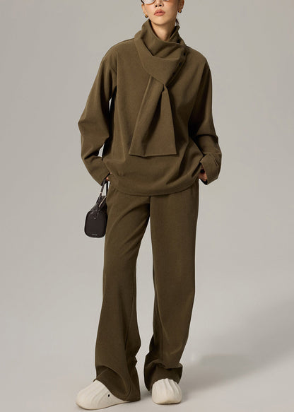 Green V Neck Elastic Waist Cotton Three Pieces Set Fall