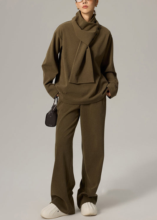 Green V Neck Elastic Waist Cotton Three Pieces Set Fall