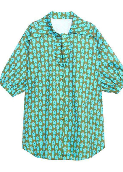 Green Print Button Short Sleeve Cotton Top