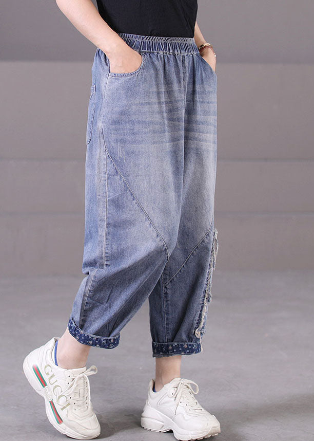Blue Elastic Waist Pockets Patchwork Applique Cotton Denim Harem Pants Summer