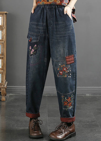 Loose Blue Embroideried Pockets Elastic Waist Jeans Fall