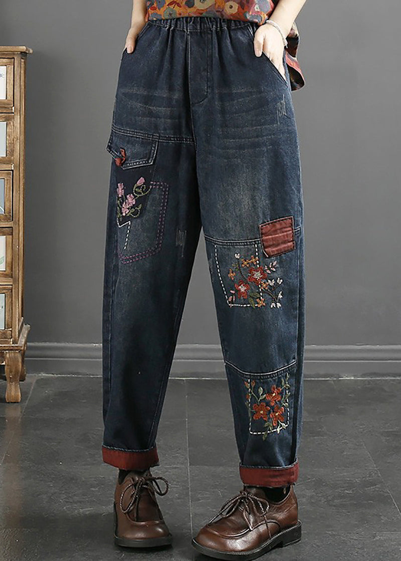Loose Blue Embroideried Pockets Elastic Waist Jeans Fall