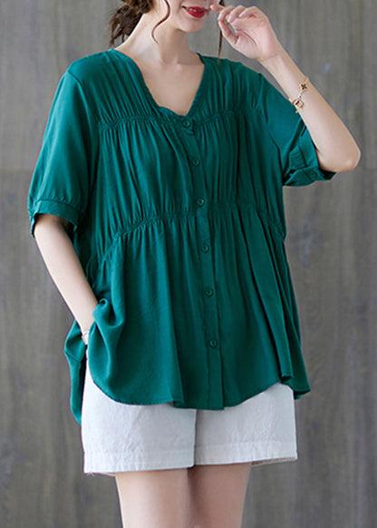 Green V Neck Buttton Wrinkled Cotton Shirt Tops Short Sleeve