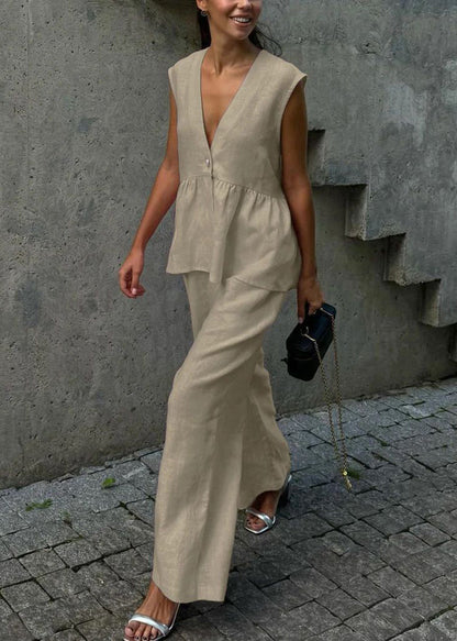 Pink V Neck Button Waistcoat and Pants Cotton Two Piece Set Sleeveless