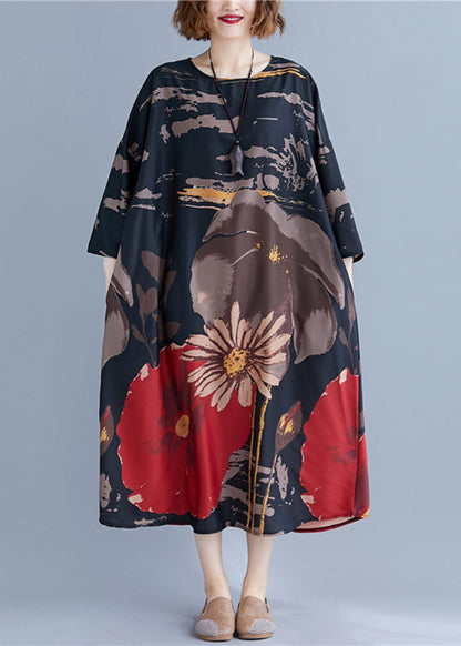 Loose Black O-neck Print Maxi Dress Long Sleeve