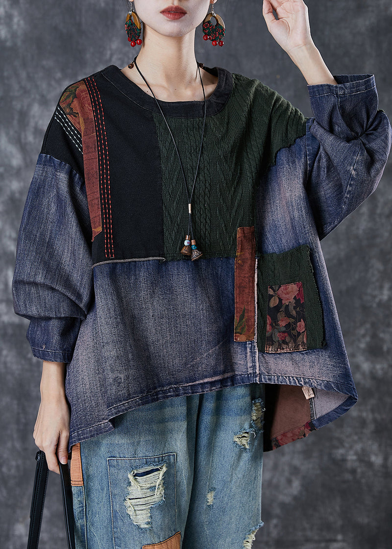 Navy Patchwork Denim Shirt Asymmetrical Oversized Spring