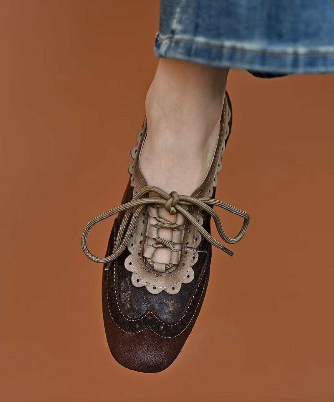 Coffee Sheepskin Splicing Lace Up Loafers for