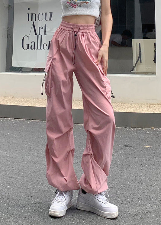 Pink Drawstring Pockets Beam Pants Summer